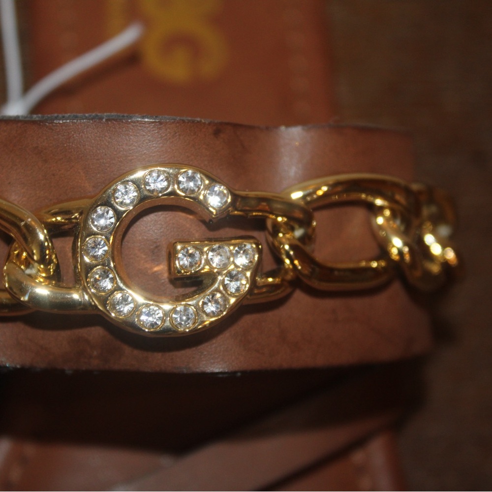 GBG Los Angeles 7.5 NEW Brown Leather Toe Insert Sandals with Gold Chain - Picture 11 of 13